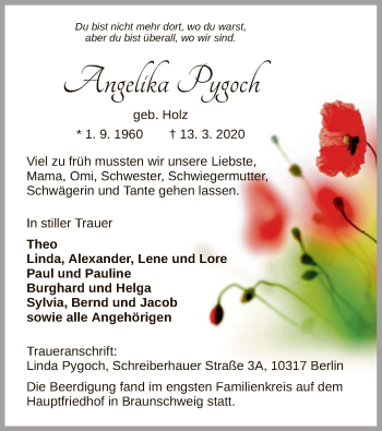 Todesanzeige von Angelika Pygoch von HNA