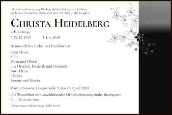 Todesanzeige von Christa Heidelberg von HNA