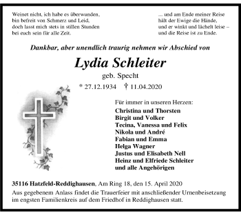 Todesanzeige von Lydia Schleiter von HNA