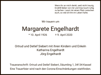 Todesanzeige von Margarete Engelhardt von HNA