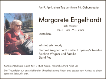 Todesanzeige von Margarete Engelhardt von HNA