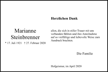 Todesanzeige von Marianne Steinbrenner von HNA