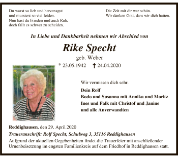 Todesanzeige von Rike Specht von HNA