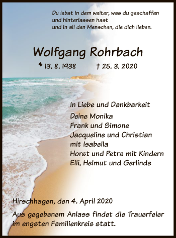 Todesanzeige von Wolfgang Rohrbach von HNA