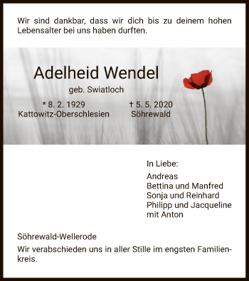Todesanzeige von Adelheid Wendel von HNA