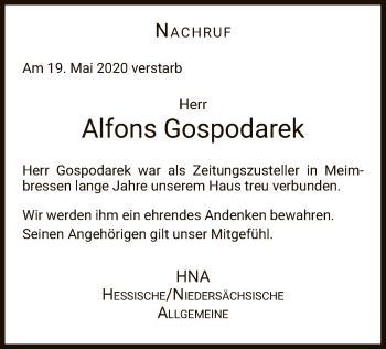 Todesanzeige von Alfons Gospodarek von HNA