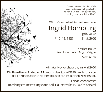 Todesanzeige von Ingrid Homburg von HNA