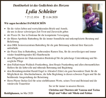 Todesanzeige von Lydia Schleiter von HNA