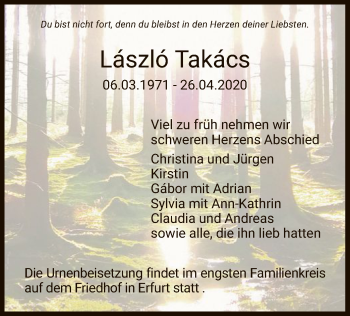 Todesanzeige von László Takács von HNA