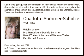 Todesanzeige von Charlotte Sommer-Schulze von HNA