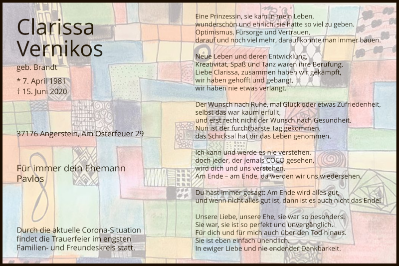  Traueranzeige für Clarissa Vernikos vom 27.06.2020 aus HNA