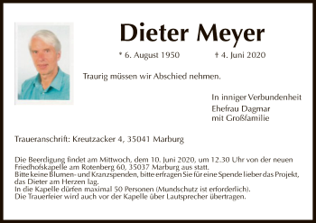 Todesanzeige von Dieter Meyer von HNA
