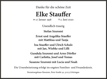 Todesanzeige von Elke Stauffer von HNA