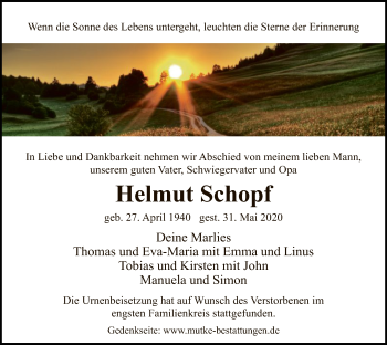 Todesanzeige von Helmut Schopf von HNA