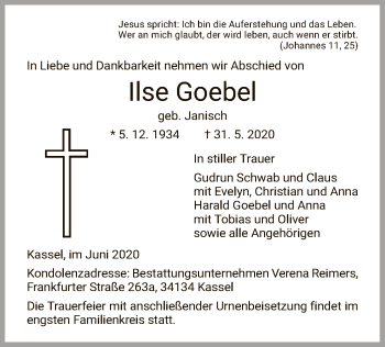 Todesanzeige von Ilse Goebel von HNA