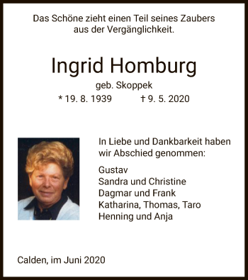 Todesanzeige von Ingrid Homburg von HNA