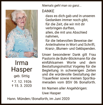 Todesanzeige von Irma Hasper von HNA