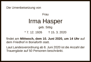 Todesanzeige von Irma Hasper von HNA