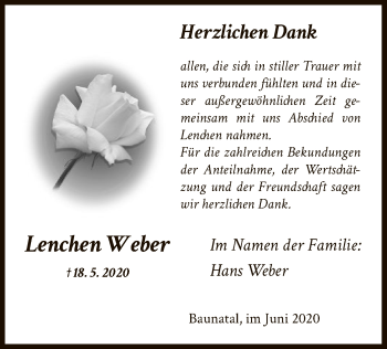 Todesanzeige von Lenchen Weber von HNA