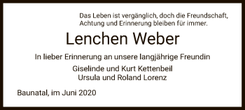 Todesanzeige von Lenchen Weber von HNA