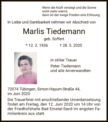 Todesanzeige von Marlis Tiedemann von HNA