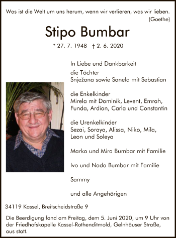 Todesanzeige von Stipo Bumbar von HNA
