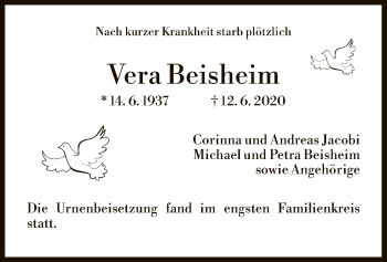 Todesanzeige von Vera Beisheim von HNA