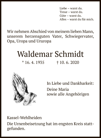 Todesanzeige von Waldemar Schmidt von HNA