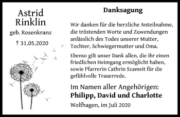 Todesanzeige von Astrid Rinklin von HNA