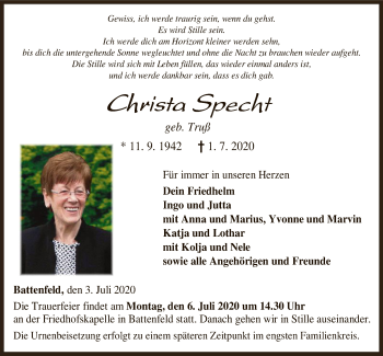 Todesanzeige von Christa Specht von HNA
