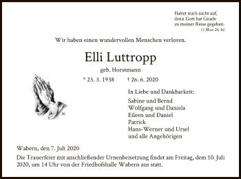 Todesanzeige von Elli Luttropp von HNA