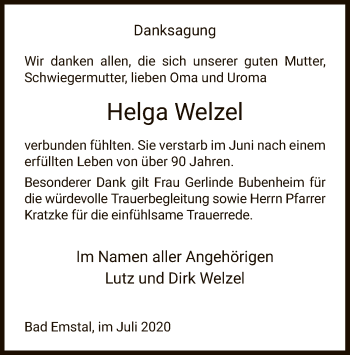 Todesanzeige von Helga Welzel von HNA