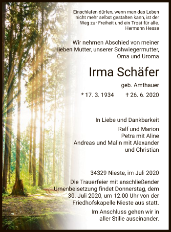 Todesanzeige von Irma Schäfer von HNA