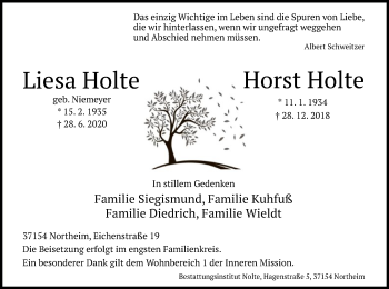 Todesanzeige von Liesa und Horst Holte von HNA