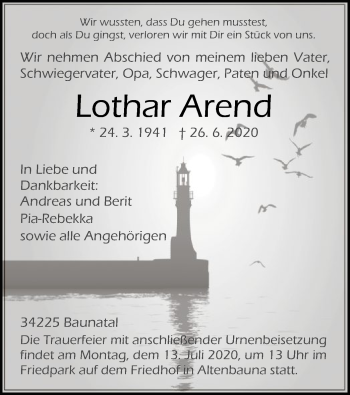 Todesanzeige von Lothar Arend von HNA