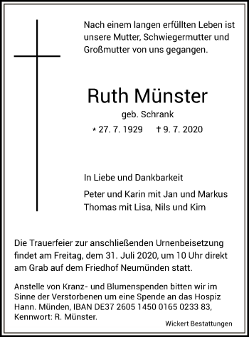 Todesanzeige von Ruth Münster von HNA