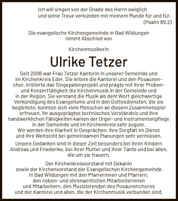 Todesanzeige von Ulrike Tetzer von WLZ