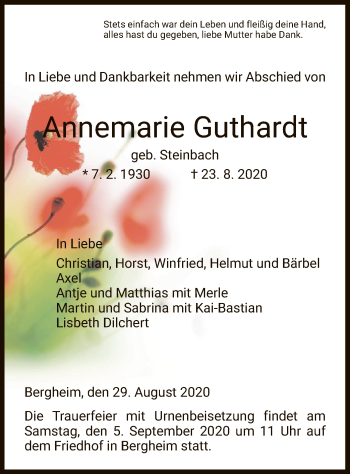 Todesanzeige von Annemarie Guthardt von HNA