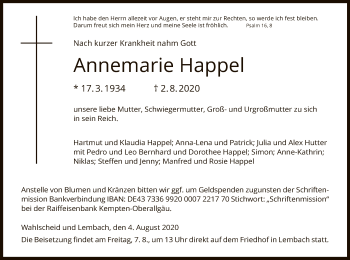 Todesanzeige von Annemarie Happel von HNA