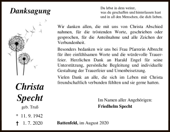 Todesanzeige von Christa Specht von HNA