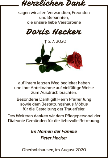 Todesanzeige von Doris Hecker von HNA