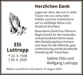 Todesanzeige von Elli Luttropp von HNA
