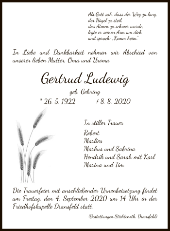 Todesanzeige von Gertrud Ludewig von HNA