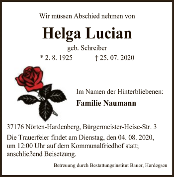 Todesanzeige von Helga Lucian von HNA