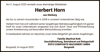 Todesanzeige von Herbert Horn von HNA