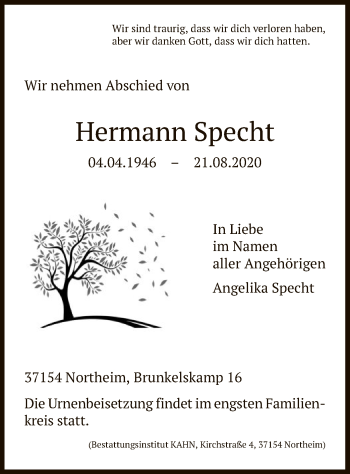 Todesanzeige von Hermann Specht von HNA