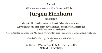 Todesanzeige von Jürgen Eichhorn von HNA