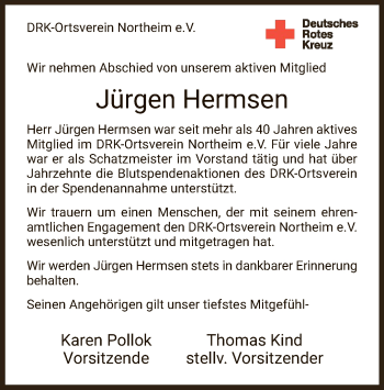 Todesanzeige von Jürgen Hermsen von HNA