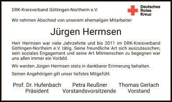 Todesanzeige von Jürgen Hermsen von HNA