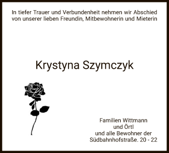 Todesanzeige von Krystyna Szymczyk von HNA